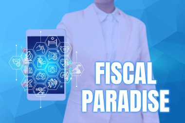 Metin başlığı Mali Cennet 'i temsil ediyor. İş dünyası gösterisi. Kamu parasının israfı, Geleceğin Teknolojisi 'ni gösteren cep telefonunun Bayan Baskı Ekranı başlığı.