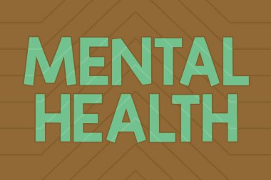 El yazısı işareti Akıl Sağlığı. Duygusal, sosyal ve psikolojik refah çizgisinin kavramsal fotoğraf durumu Değişik şekil ve renklerle betimlenmiş arka plan.