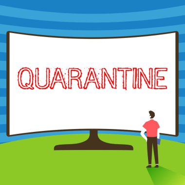 Kavramsal görüntü karantinası. Büyük Ekranın Önünde Durmakta Olan Adam Resimleri veya mal taşımacılığı üzerine kavramsal fotoğraf kısıtlaması.