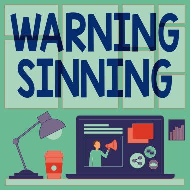 Kavramsal Uyarı Günahı. Çalışma sürecini gösteren lamba ve kahve fincanının yanındaki masaya dizüstü bilgisayarda Günah Uyarısı konsepti.