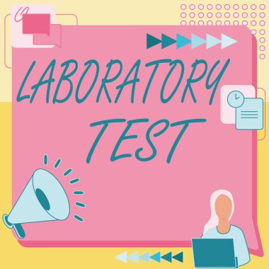 İşaret Laboratuvarı Testi 'ni gösteren ilham. Test edilen maddelerden elde edilen tıbbi teşhisin saptanması. Kadın, Megafonun Yanında Oturarak Yeni Duyurular Yapıyor.