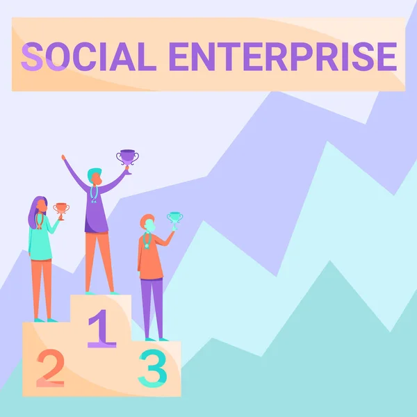 Leyenda conceptual Empresa Social. Palabra para los negocios que gana dinero de una manera socialmente responsable Tres competidores de pie en el podio celebrando trofeos de celebración de la victoria. — Foto de Stock