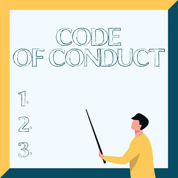 Writing displaying text Code Of Conduct. Business showcase Ethics rules moral codes ethical principles values respect Instructor Drawing Holding Stick Pointing Board Showing New Lessons.