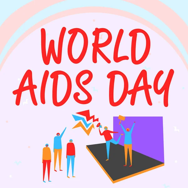 Segno di testo che mostra la Giornata Mondiale dell'AIDS. Concetto significato Giornata Mondiale dell'AIDS Illustrazione della coppia sul palco che annuncia alla piccola folla. — Foto Stock
