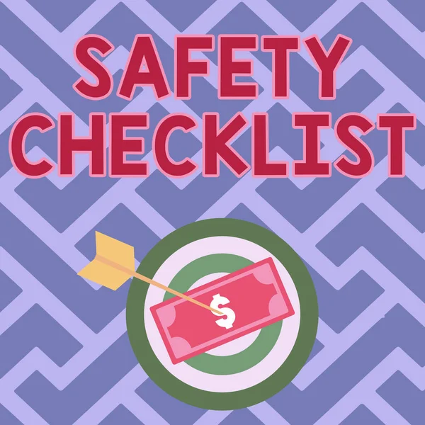 Inspiration showing sign Safety Checklist. Business concept list of items you need to verify, check or inspect Currency Pinned Through Target By Arrow Describing Financial Planning.