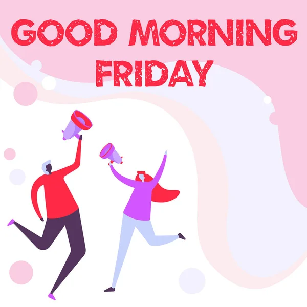 Az ihletet adó szöveg: Good Morning Friday. Üzleti bemutató köszönt valakit a nap elején hét Start Weekend Illusztráció partnerek ugrándozás körül Gondolatok megosztása keresztül Megafon. — Stock Fotó