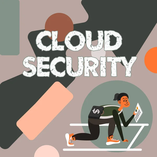 Podpis koncepcyjny Cloud Security. Prezentacja biznesowa Ochrona przechowywanych informacji Bezpieczna technologia kontrolowana Kobieta niosąca walizkę Czytanie gazet Przygotowanie do rozpoczęcia inwestycji. — Zdjęcie stockowe
