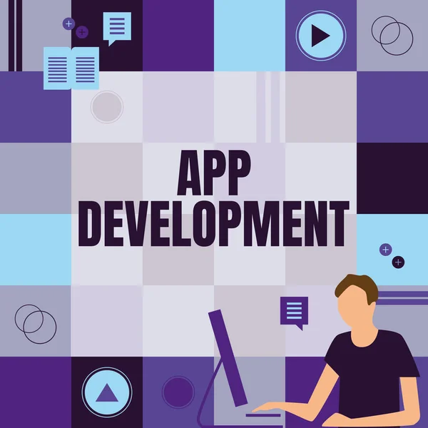 Teken het weergeven van App Development. Bedrijfsconcept Ontwikkeldiensten voor geweldige mobiele en webervaringen Zakenman Innovatief Denken Leidende Ideeën Naar Stabiele Toekomst. — Stockfoto