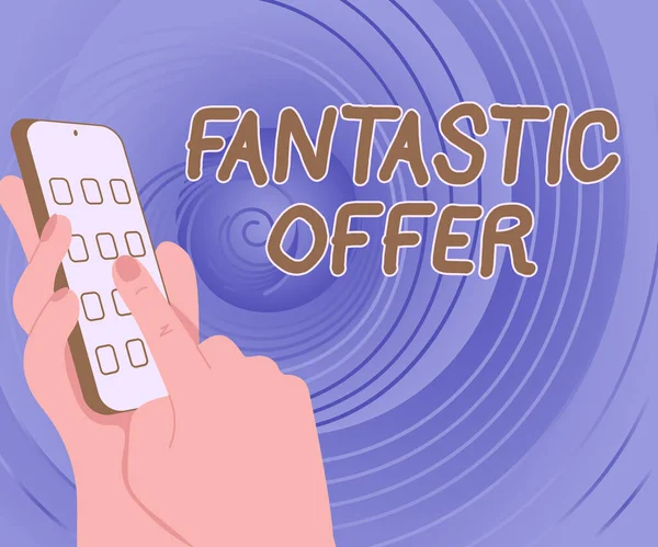 Ispirazione mostrando segno Fantastica offerta. Approccio commerciale il venditore accetta offerte ed è disposto a negoziare Hands Holding Technological Device Pressing Application Button. — Foto Stock