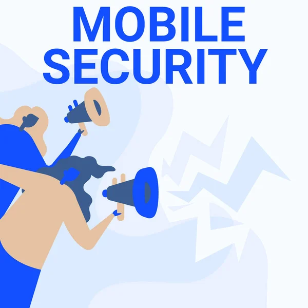 Handschrift Mobile Security. Internet Concept Bescherming van mobiele telefoon tegen bedreigingen en kwetsbaarheden Vrouwen die Megafoons tekenen Aankondiging aan het publiek. — Stockfoto