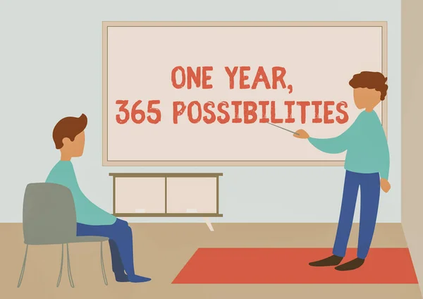 Hand writing sign One Year, 365 Possibilities. Business showcase Fresh graduates start Opportunities New career Teacher And Student Drawing Having Class Privately Inside A Classroom. — Stock Photo, Image