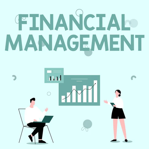 Handwriting text Financial Management. Word for efficient and effective way to Manage Money and Funds Man Using Laptop And Girl Standing Sharing Ideas For Improvement. — Stock Photo, Image