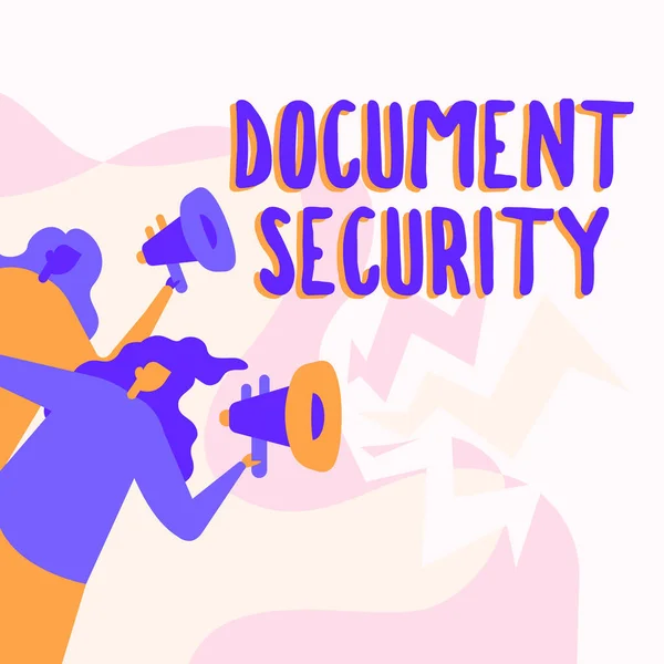 Handwriting text Document Security. Business overview means in which important documents are filed or stored Women Drawing Holding Megaphones Making Announcement To The Public.