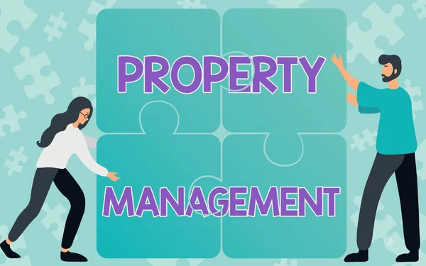 Hand writing sign Property Management. Conceptual photo the control, maintenance, and oversight of real estate Colleagues Drawing Fitting Four Pieces Of Jigsaw Puzzle Together Teamwork. — Stock Photo, Image