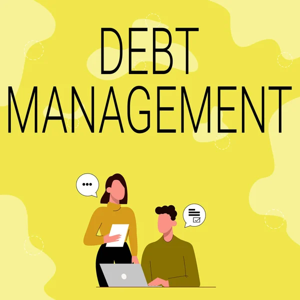 Tekst bijschrift presenteren Debt Management. Internet Concept De formele overeenkomst tussen een debiteur en een crediteur Partners die nieuwe ideeën delen voor strategieën ter verbetering van vaardigheden. — Stockfoto