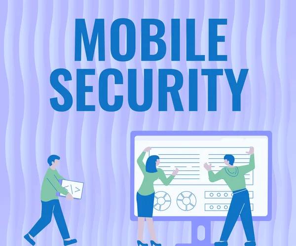 El yazısı tabelası Mobil Güvenlik. İş dünyası cep telefonunun tehditlerden ve savunmasızlıklardan korunması. Meslektaşlar Tablo Çizimi Grafik Çizelgesinin Yanında Duruyor — Stok fotoğraf