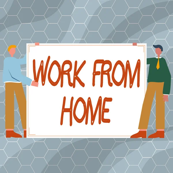 Text showing inspiration Work From Home. Business approach Work From Home Two Men Drawing With Empty Paper Background Presenting New Ideas. — Stock Photo, Image