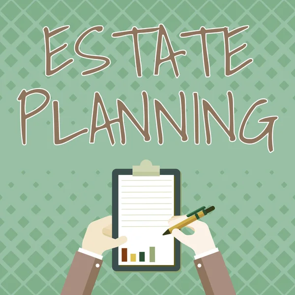 Writing displaying text Estate Planning. Conceptual photo The management and disposal of that person s is estate Business Associate Holding Clipboard Documenting Reports With Pen. — Stock Photo, Image