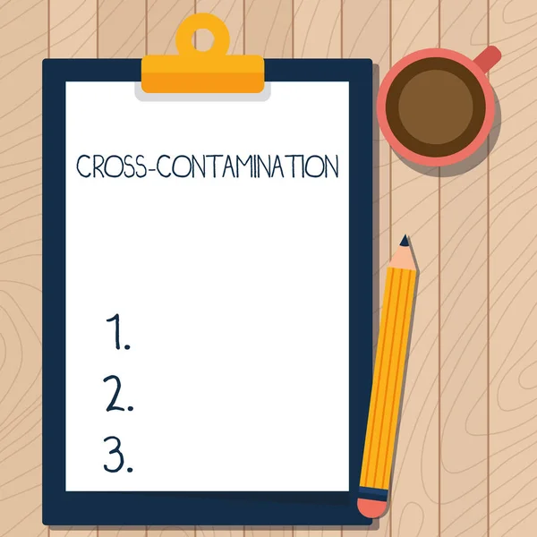 Text sign showing Cross Contamination. Business approach Unintentional transmission of bacteria from one substance to another Illustration Of Pencil On Top Of Table Beside The Clipboard And Coffee Mug