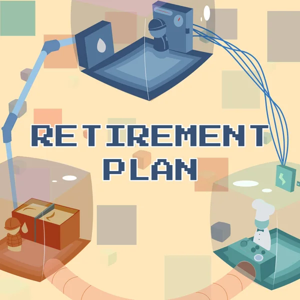 手写签名退休计划。概念的意思是当你退出工作时，为了使用它而节省开支，提供必要的工作场所资源. — 图库照片