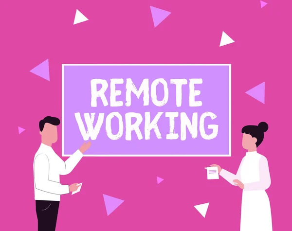 Inspiratie met uithangbord Remote Working. Bedrijfsoverzicht situatie waarin een werknemer voornamelijk vanuit huis werkt Illustratie van een paar ideeën presenteren Notities vasthouden aan borden. — Stockfoto