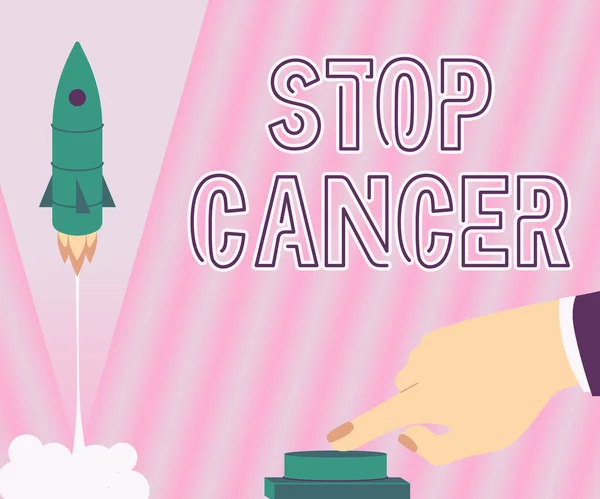 Κείμενο που δείχνει έμπνευση Σταματήστε τον καρκίνο. Επιχειρηματική προσέγγιση Πρακτική της λήψης ενεργών μέτρων για τη μείωση του ποσοστού του καρκίνου Man χέρι πατώντας το κουμπί για να ξεκινήσει πυραύλων στο διάστημα για νέους ορίζοντες. — Φωτογραφία Αρχείου