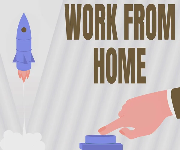 Conceptual display Work From Home. Business idea Work From Home Man Hand Pressing Button To Launch Rocket To Space For New Horizons. — Stock Photo, Image