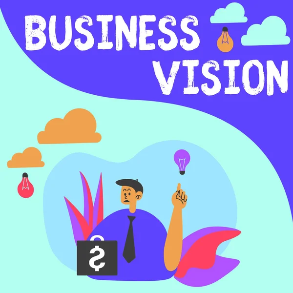 Tekst met inspiratie Business Vision. Conceptuele foto groeien uw bedrijf in de toekomst op basis van uw doelen Man zitten in het park blazen ballonnen denken aan nieuwe gedachten met Idee Lamp. — Stockfoto