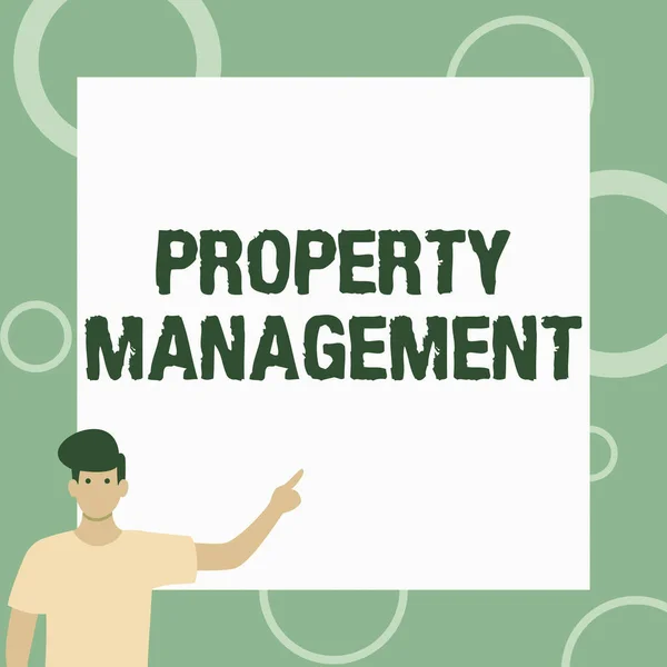 Conceptual caption Property Management. Business idea the control, maintenance, and oversight of real estate Gentleman Drawing Standing Pointing Finger In Blank Whiteboard. — Stock Photo, Image