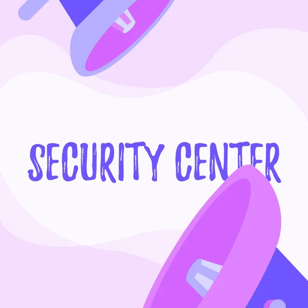 Légende textuelle présentant Security Center. Approche commerciale unité centralisée qui traite des questions de sécurité de l'entreprise Paire de dessin mégaphone faisant annonce dans Chat Cloud. — Photo