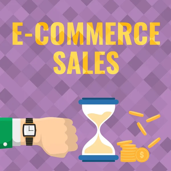 Tekst met inspiratie E Commerce Sales. Concept betekent activiteit van het kopen of verkopen van producten op online service Zakenman met behulp van polshorloge Showing Hourglass Indicating Valuable Measures. — Stockfoto