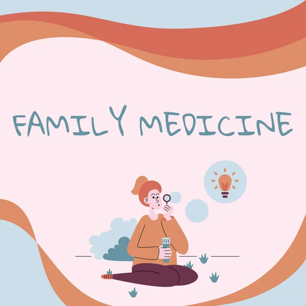 Fogalmi felirat: Family Medicine. Koncepcionális fotó célja, hogy alapvető egészségügyi ellátást a családtagok Lady Ül a parkban Fújás léggömbök gondolkodás új gondolatok ötlettel Lámpa. — Stock Fotó
