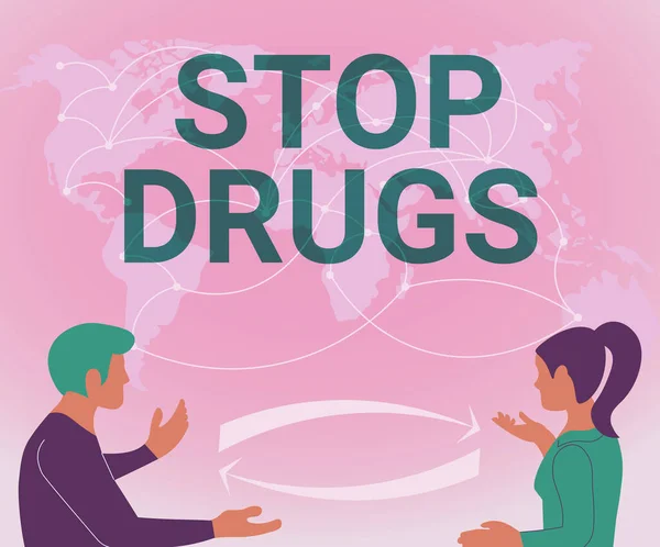 Konceptuell bildtext Stoppa droger. Internet Concept sätta stopp för beroendet av ämnen som heroin eller kokain Två lagkamrater Diskutera nya idéer Världskarta Brainstorming Nya lösningar. — Stockfoto