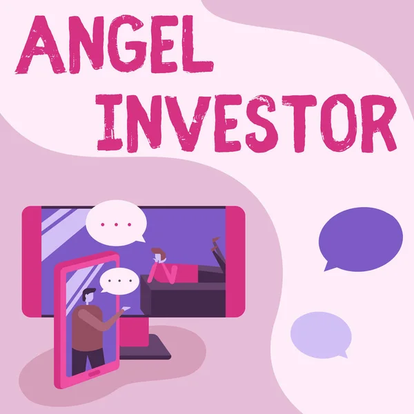 문서 작성 : Angel Investor. 말로 거품을 뿜어 내는 두 가지 생각을 함께 공유하는 두 개의 동업을 재정적으로 지원해 주는 개인으로서 가치가 높은 사업 아이디어 — 스톡 사진