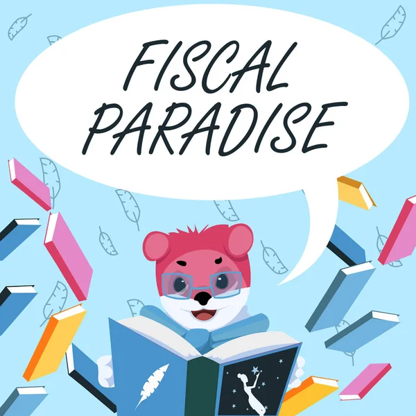 Signes manuscrits Paradis fiscal. Aperçu des affaires Le gaspillage d'argent public est un sujet de grande préoccupation Fox avec des lunettes assis à la bibliothèque Lire un livre étudier. — Photo