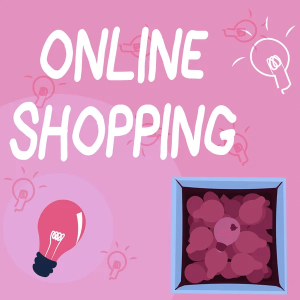 온라인 쇼핑에 서명하 세요. 소비자들이 새로운 발견을 보여 주는 상자 안에 들어 있는 빛나는 덩어리를 인터넷을 통해 그들의 상품을 구매 할 수있게 해 주는 단어들. — 스톡 사진