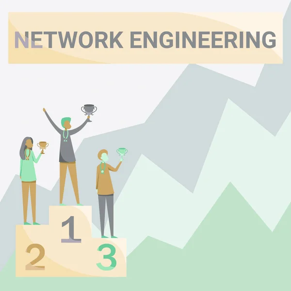 Handwriting text Network Engineering. Business approach field concerned with internetworking service requirement Three Competitors Standing On Podium Holding Trophies Celebrating Victory.