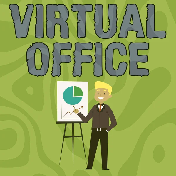 Текст, показывающий вдохновение Virtual Office. Бизнес-концепция Virtual Office Businessman Wearing Casual Standing Presenting Charts and Ideas. — стоковое фото