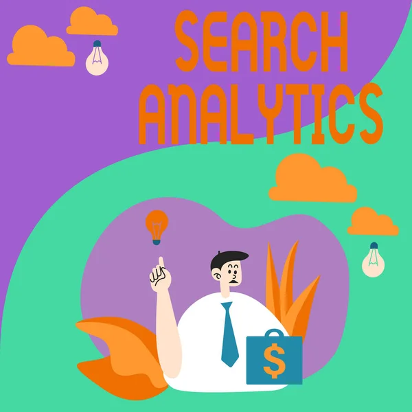 Inspiración mostrando signo Search Analytics. Concepto significado investigar las interacciones particulares entre los buscadores web Hombre sentado en el parque Soplando globos Pensando en nuevos pensamientos con la lámpara de la idea. — Foto de Stock