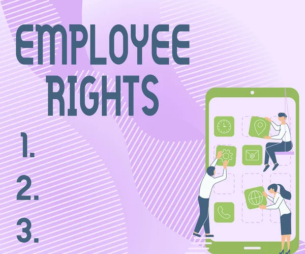 Kézírás szöveg Munkavállalói jogok. Üzleti koncepció Minden munkavállaló alapvető jogokkal rendelkezik saját munkahelyén Három munkatárs S dekorációs mobil applikáció. — Stock Fotó