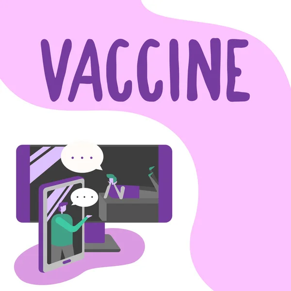 Inspiration visar tecken Vaccin. Affärsidé Vaccin Två Kollegor dela tankar med tal Bubblor poppar upp från telefoner — Stockfoto