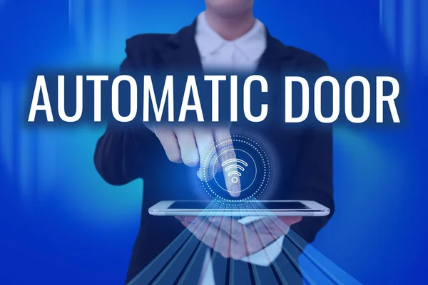 Conceptual caption Automatic Door. Business overview opens automatically when sensing the approach of a person Lady Pressing Screen Of Mobile Phone Showing The Futuristic Technology