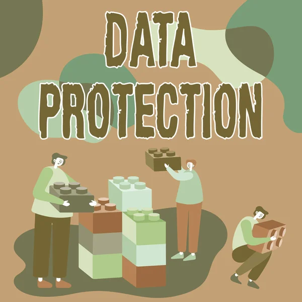 Szöveges adatvédelem megjelenítése. Koncepció jelentése Az IP-címek és a személyes adatok védelme a káros szoftverektől Munkatársak A kocka képviselete Csapatmunka megjelenítése A jövő projektjének megvitatása. — Stock Fotó