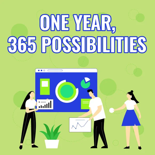 Writing displaying text One Year, 365 Possibilities. Conceptual photo Fresh graduates start Opportunities New career Employee Helping Together Sharing Ideas For Skill Improvement. — Stock Photo, Image