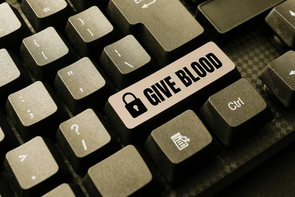 Text sign showing Give Blood. Internet Concept a person voluntarily has blood drawn and used for transfusions Editing New Story Title, Typing Online Presentation Prompter Notes — Stock Photo, Image