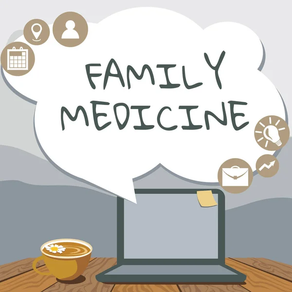 Fogalmi felirat: Family Medicine. Word for designed to provide basic health to family members Kézi gépelés Laptop mellett Coffe bögre és növény dolgozik otthonról. — Stock Fotó