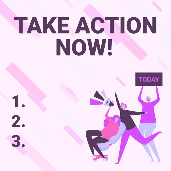 Schild mit der Aufschrift Take Action Now. Konzept, das bedeutet, jemanden zu bitten, gute Leistung zu ermutigen, Frau zu zeichnen, die sitzt und ein Megafon hält. — Stockfoto
