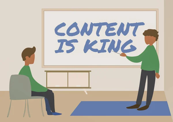 Tekenen weergeven van inhoud is koning. Business concept Content is het hart van de hedendaagse marketing strategieën Leraar en student tekenen met klasse privé binnen een klaslokaal. — Stockfoto