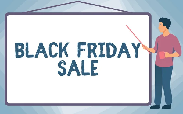 Handschrift tekst Black Friday Sale. Business concept Shopping Day Start van het kerstinkopen Seizoen School Instructeur Tekenen Pointing Stick Whiteboard Terwijl Holding Cup. — Stockfoto