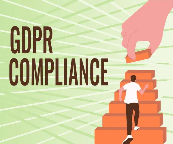 Teken met Gdpr Compliance. Woord voor bescherming en privacy van de Europese Unie toont Gentleman Climbing Up Stair Case Proberen om doelstellingen te bereiken Het definiëren van vooruitgang. — Stockfoto